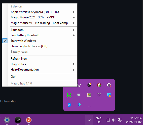 Magic Tray 1.1.0 menu: keyboard, Magic Mouse 2024 v3 KMDF, Magic Mouse v1